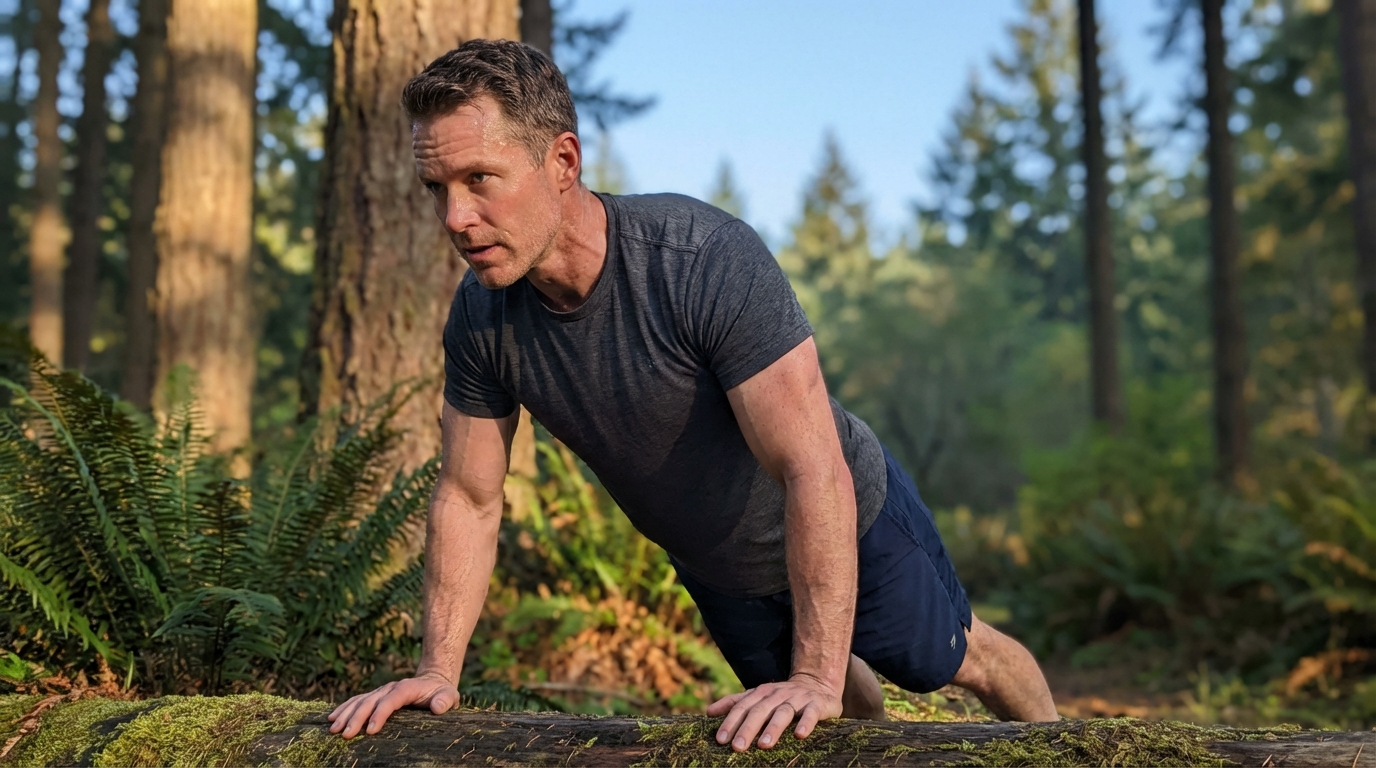 Fit man working out outdoors in the Pacific Northwest, radiating confidence and energy
