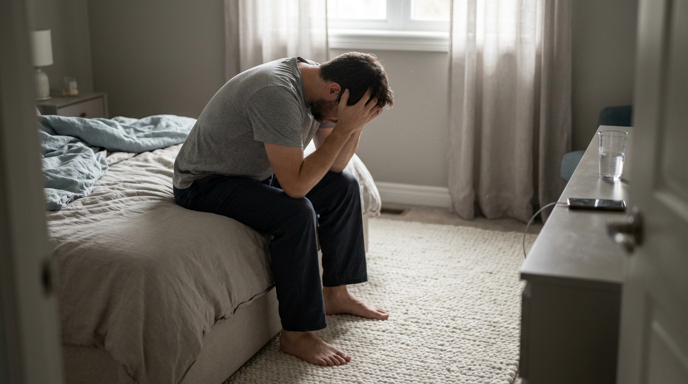 Man sitting on bed experiencing fatigue and brain fog, representing unexplained chronic symptoms