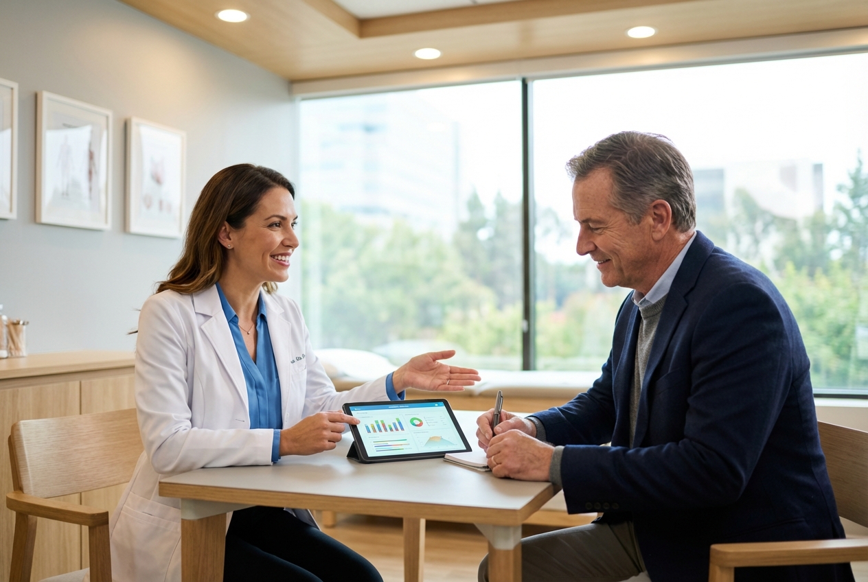Dr. Strand consulting with a patient about peptide therapy options