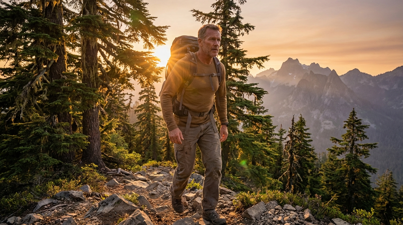 Middle-aged hiker on a Pacific Northwest mountain trail
