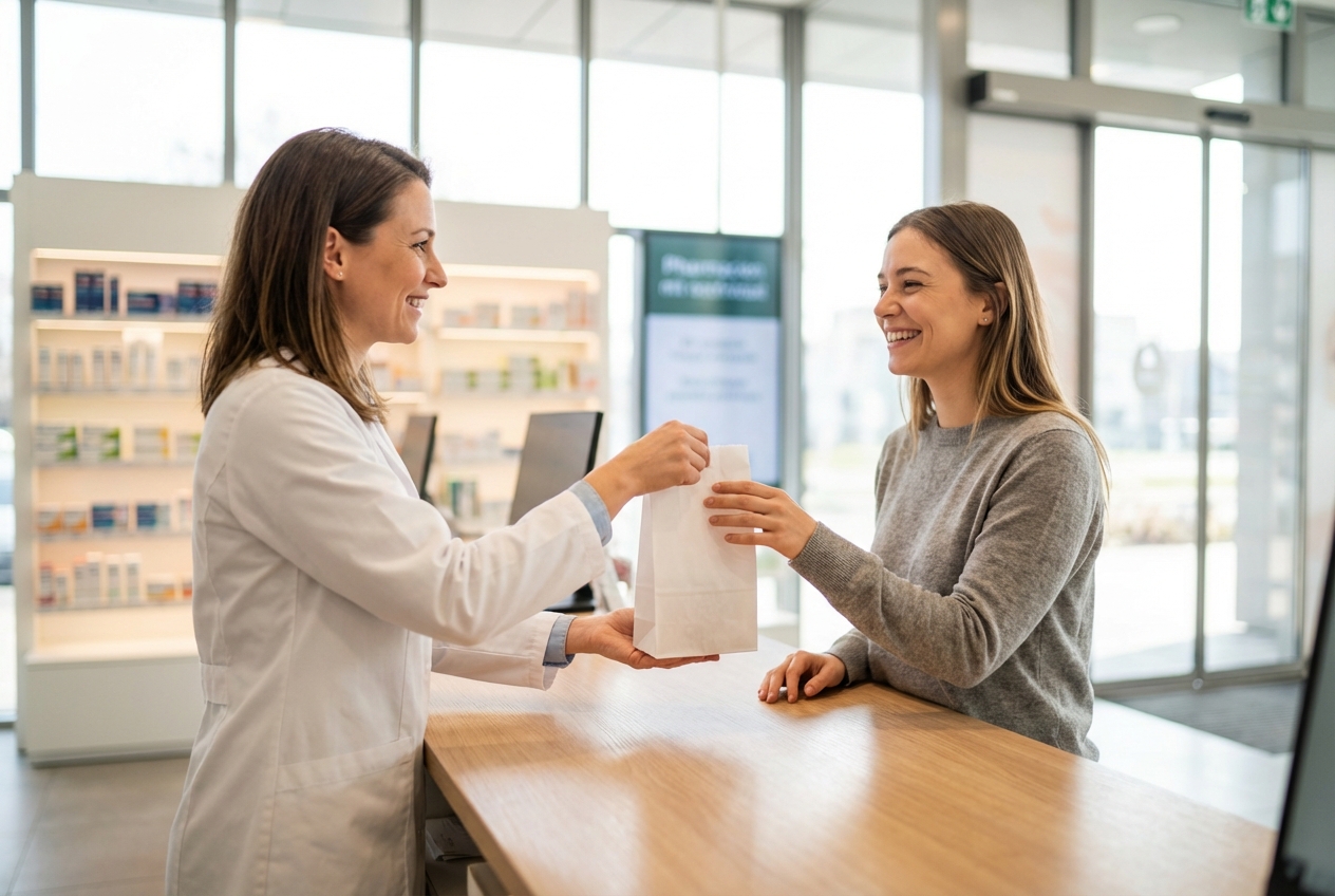 Patient picking up free urgent care prescription medication at local pharmacy