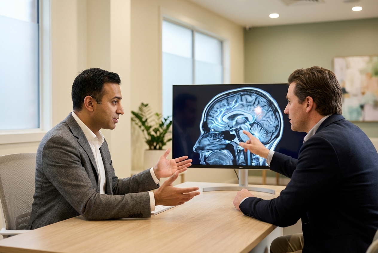 Doctor reviewing brain imaging and hormone lab results with TBI patient