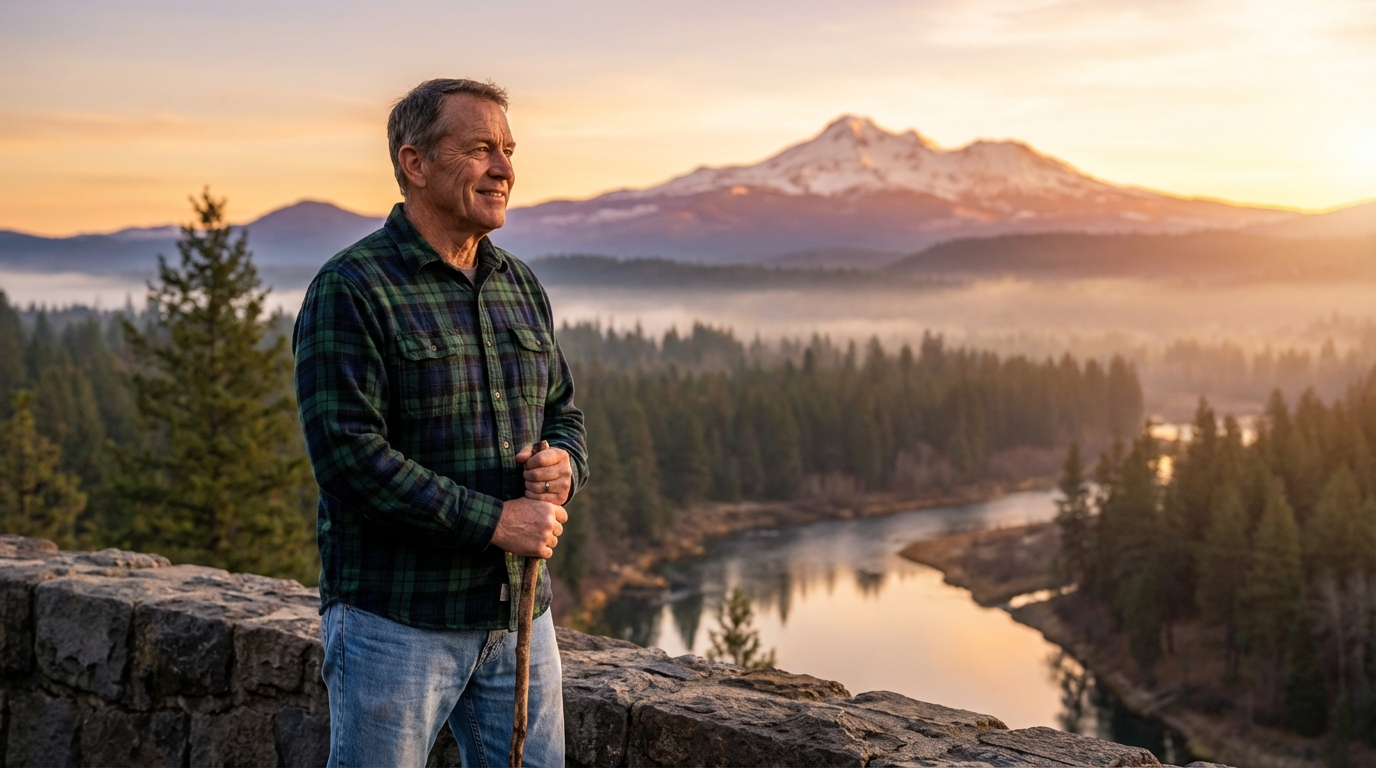 Veteran standing strong at a Pacific Northwest mountain overlook