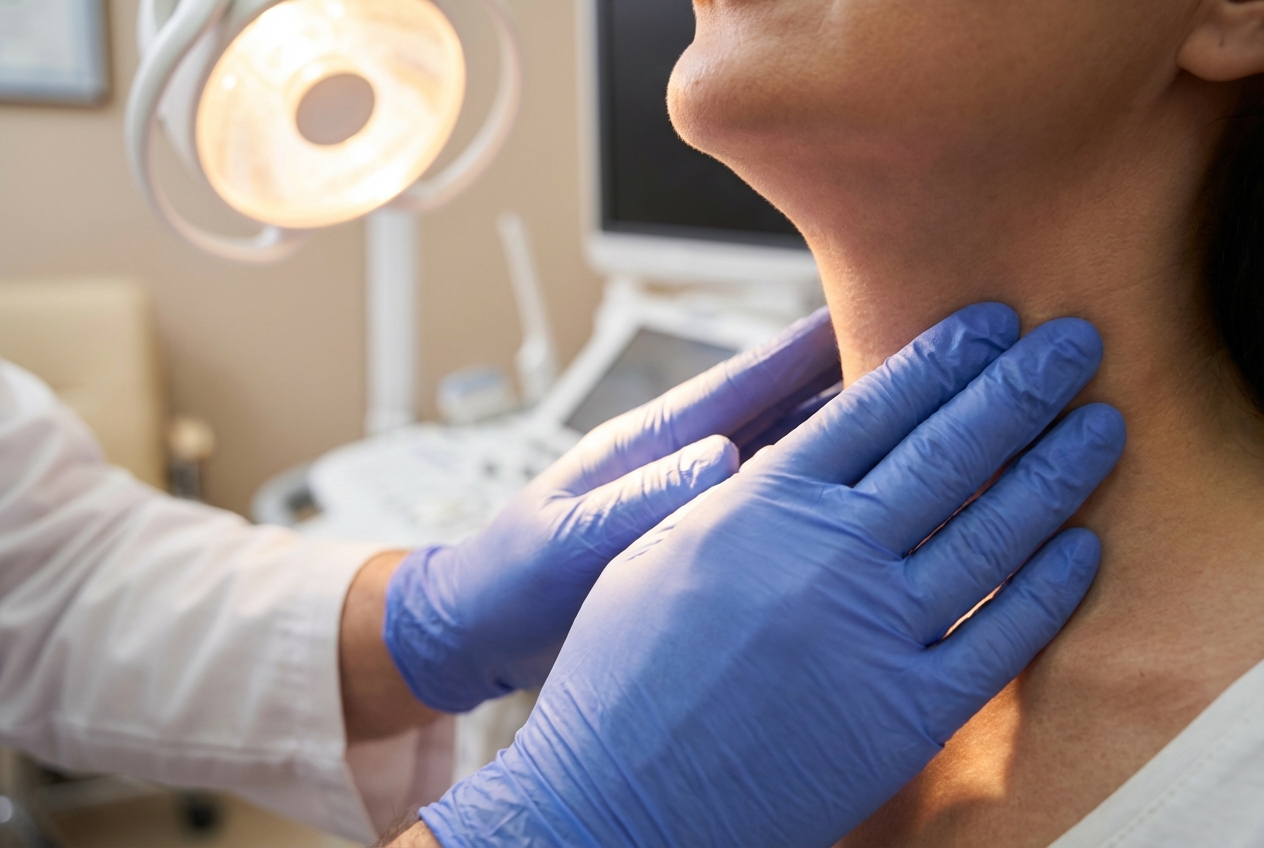 Doctor examining a patient's thyroid gland during clinical evaluation