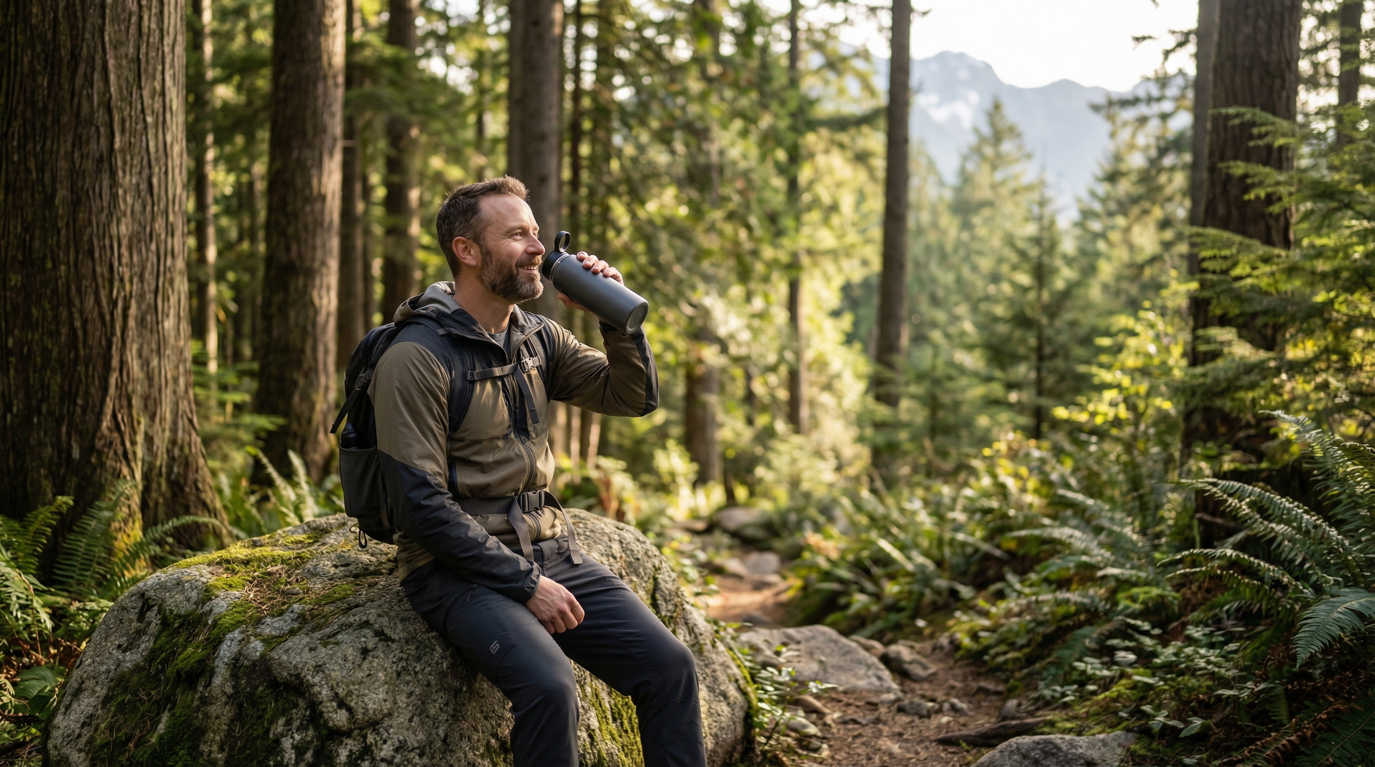 Active man hiking in Pacific Northwest forest
