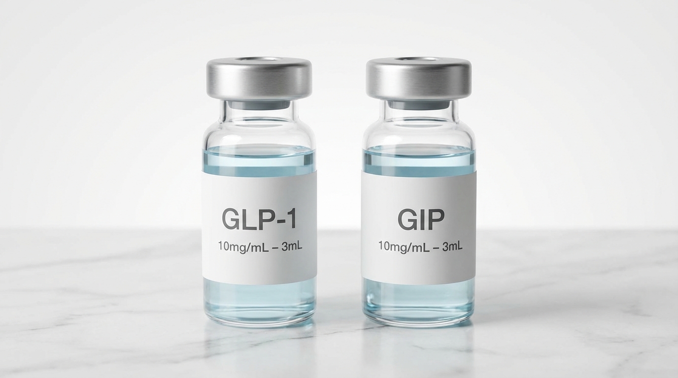 GLP-1 and GIP medication vials used in medical weight loss therapy