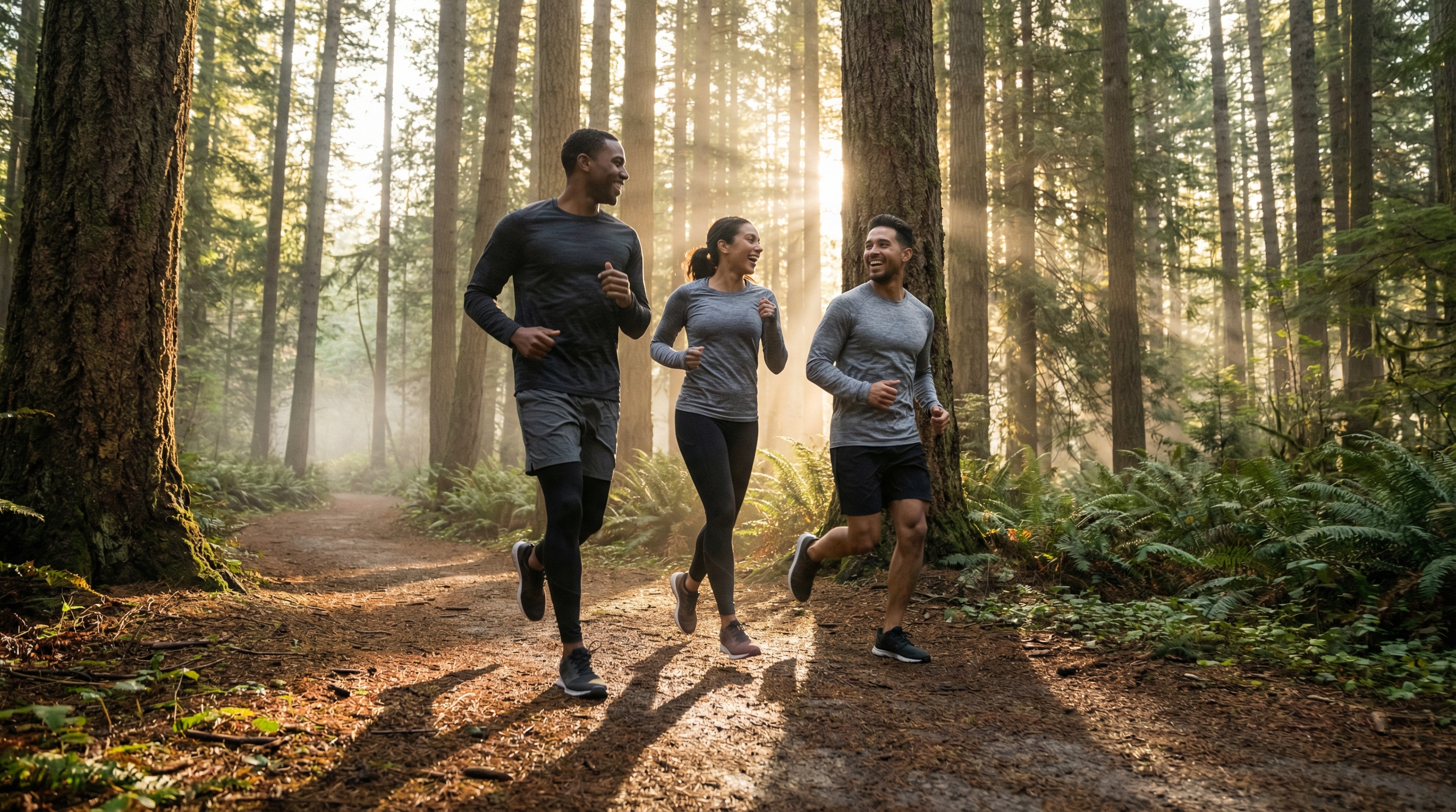 Friends jogging together on a forest trail