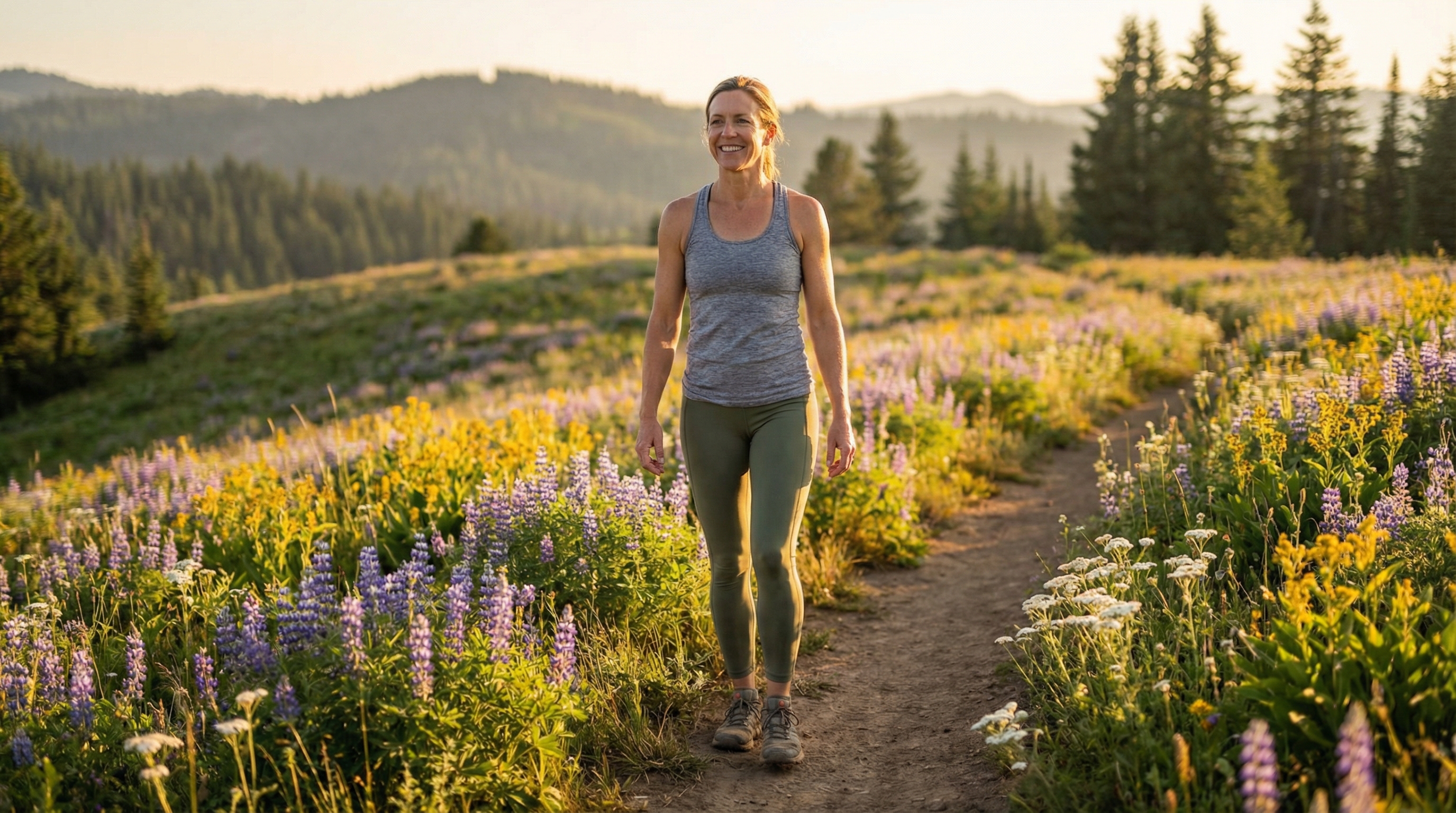 Woman walking confidently on a trail through wildflowers